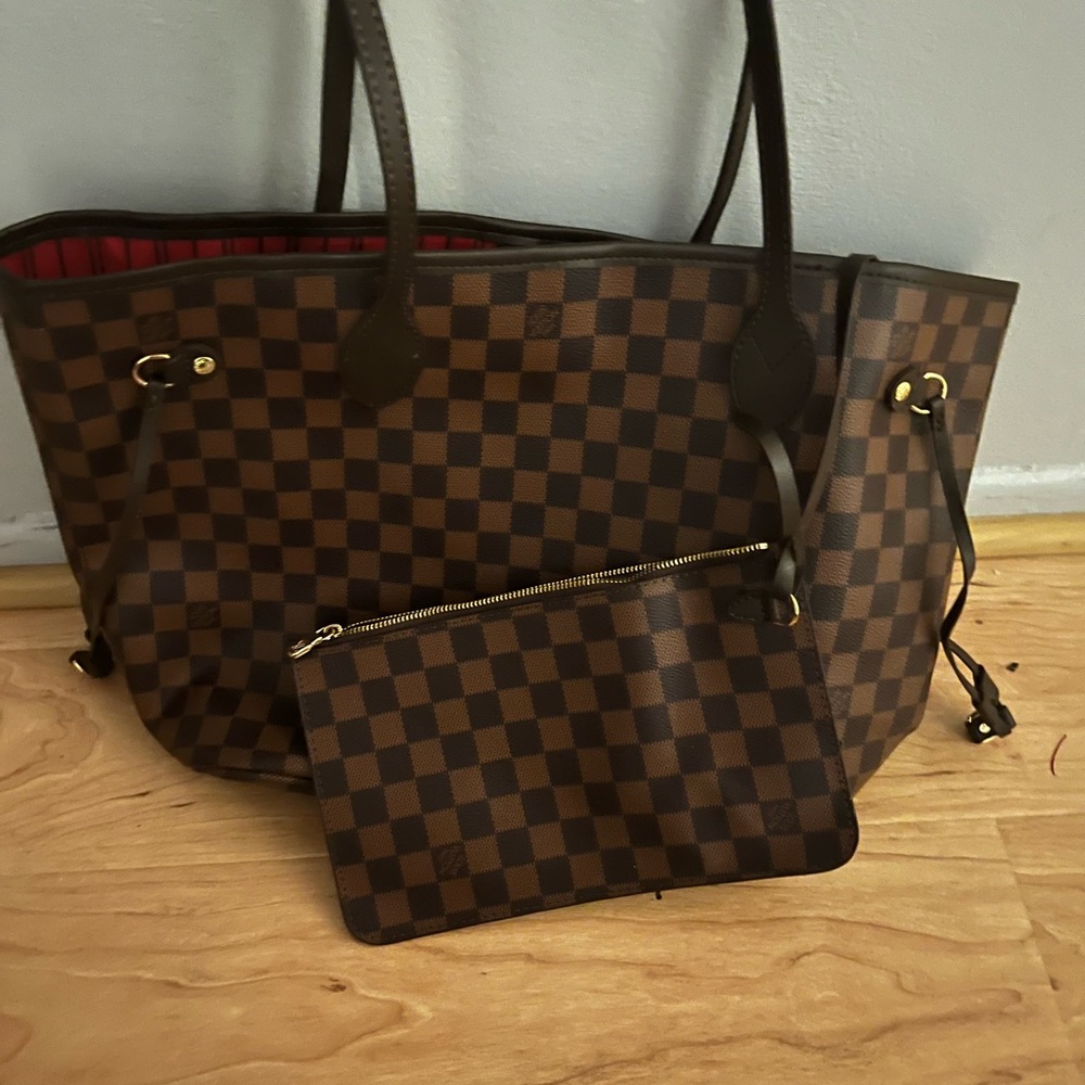 Brown Checkered Tote Bag with Pouch